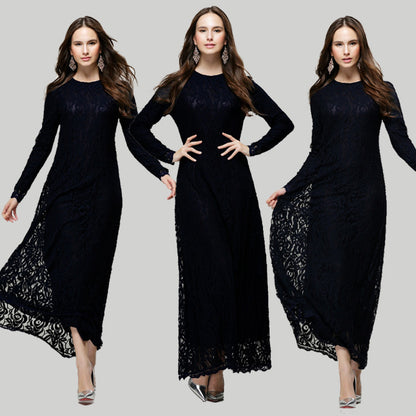 vintage Women Wear Lace Long Sleeve Maxi Dress Kaftan