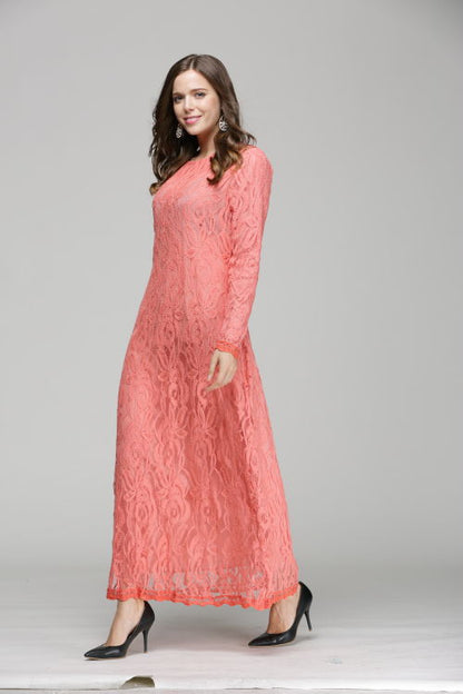 vintage Women Wear Lace Long Sleeve Maxi Dress Kaftan